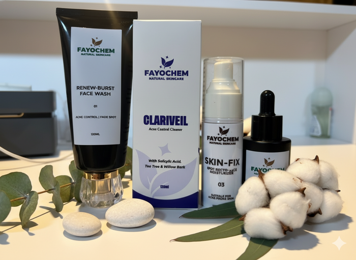 Fayochem cleanser, toner, serum and moisturizer